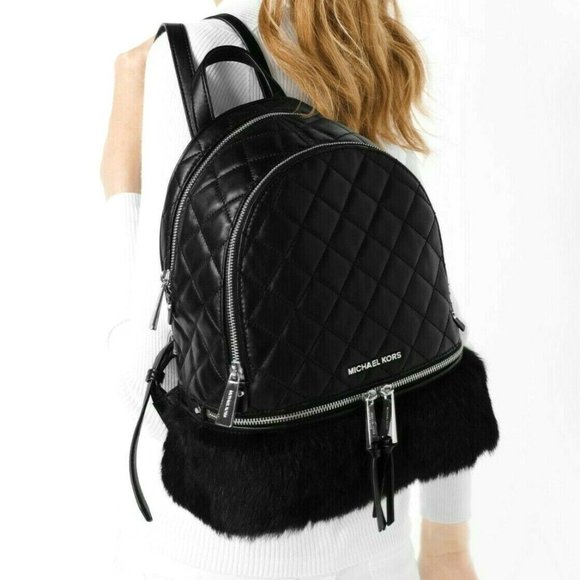 MICHAEL KORS RHEA ZIP MEDIUM BACKPACK BLACK QUILT LEATHER RABBIT FUR BAG NWT! - Picture 1 of 12